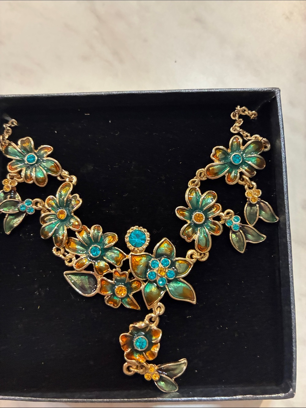 Gold-Tone Turquoise & Amber Floral Statement Necklace